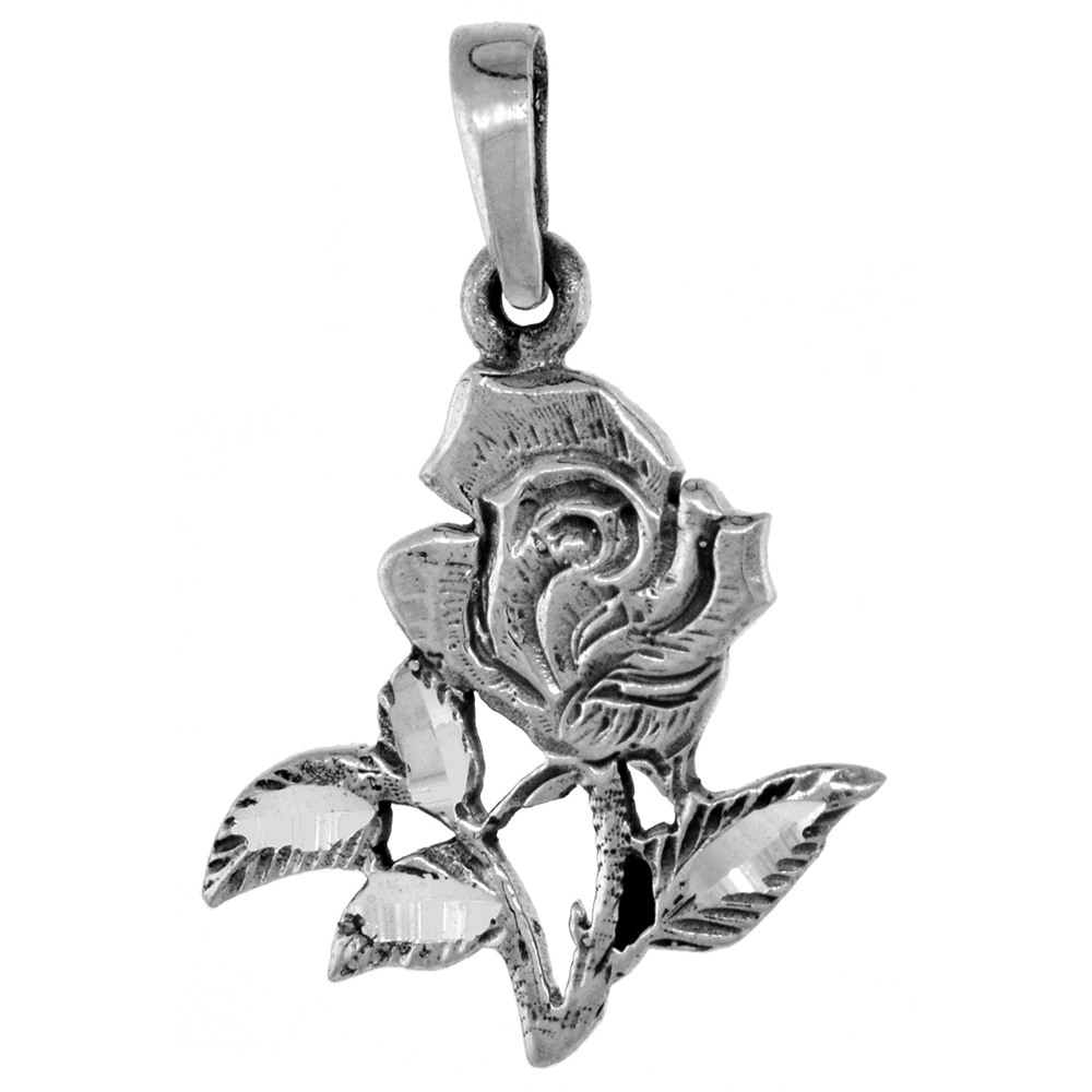 1 INCH STERLING SILVER ROSE FLOWER PENDANT FOR WOMEN DIAMOND-CUT OXIDIZED FINISH NO CHAIN (NO CHAIN)