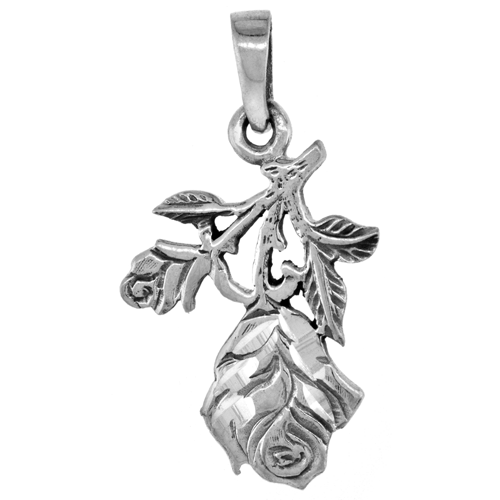 1 INCH STERLING SILVER UPSIDE DOWN ROSE FLOWER PENDANT FOR WOMEN DIAMOND-CUT OXIDIZED FINISH NO CHAIN (NO CHAIN)