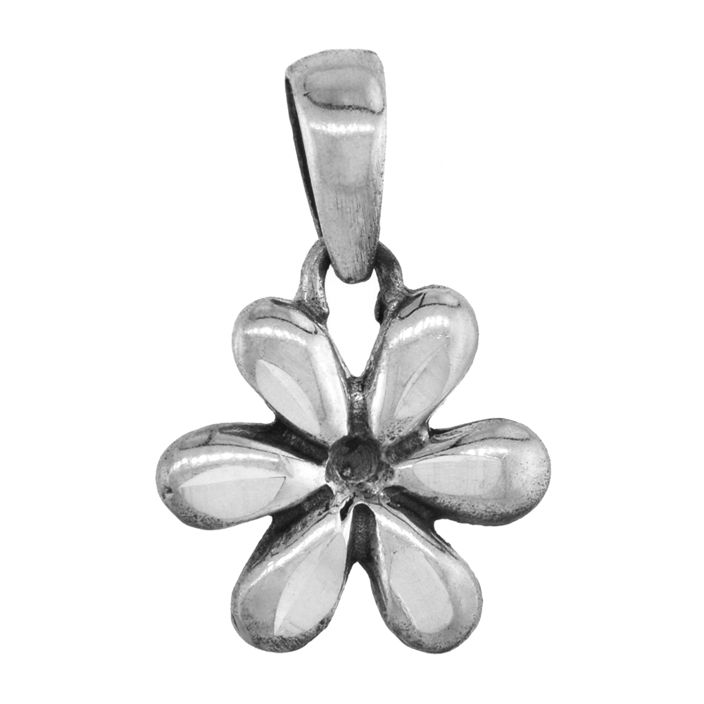 TINY 1/2 INCH STERLING SILVER DAISY FLOWER PENDANT FOR WOMEN FOR WOMEN DIAMOND-CUT OXIDIZED FINISH NO CHAIN (NO CHAIN)
