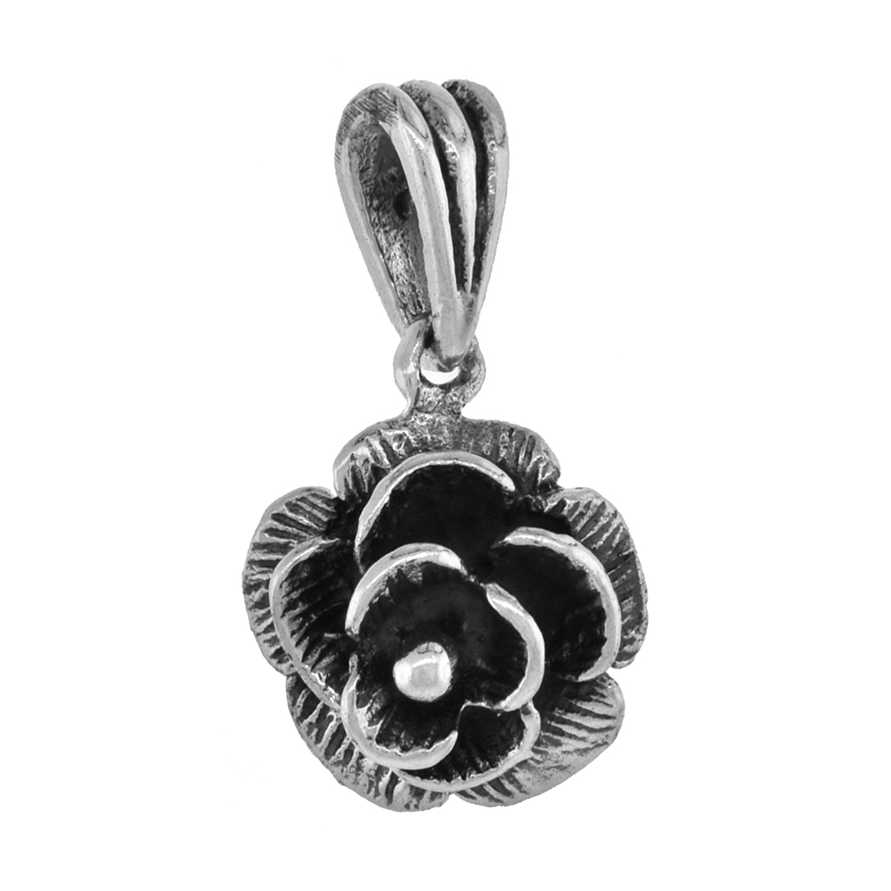 TINY 1/2 INCH STERLING SILVER FLOWER PENDANT FOR WOMEN FOR WOMEN DIAMOND-CUT OXIDIZED FINISH NO CHAIN (NO CHAIN)