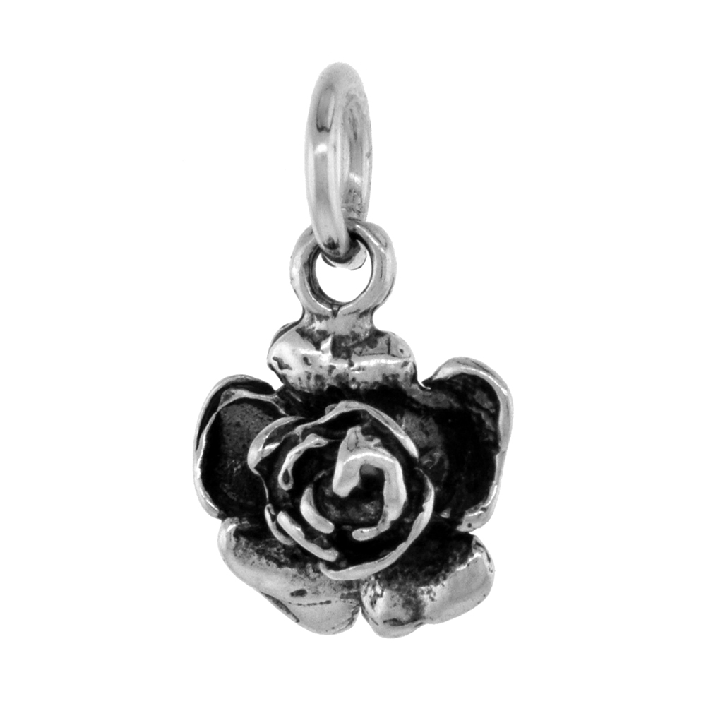 TINY 1/2 INCH STERLING SILVER ROSE FLOWER PENDANT FOR WOMEN FOR WOMEN DIAMOND-CUT OXIDIZED FINISH NO CHAIN (NO CHAIN)