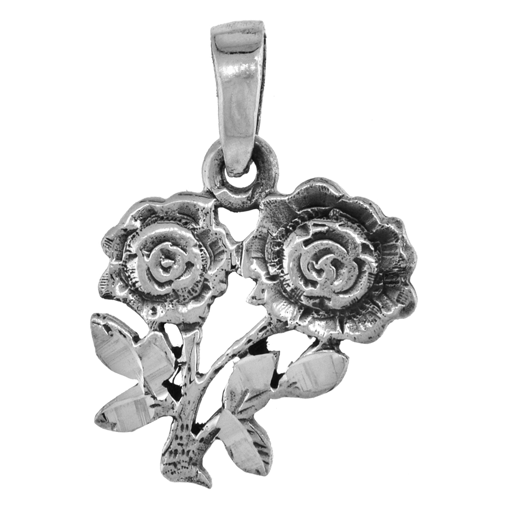 SMALL 3/4 INCH STERLING SILVER DOUBLE ROSE FLOWER PENDANT FOR WOMEN FOR WOMEN DIAMOND-CUT OXIDIZED FINISH NO CHAIN (NO CHAIN)