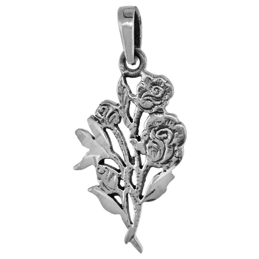 1 inch Sterling Silver Flower Pendant for Women Diamond-Cut Oxidized finish NO Chain