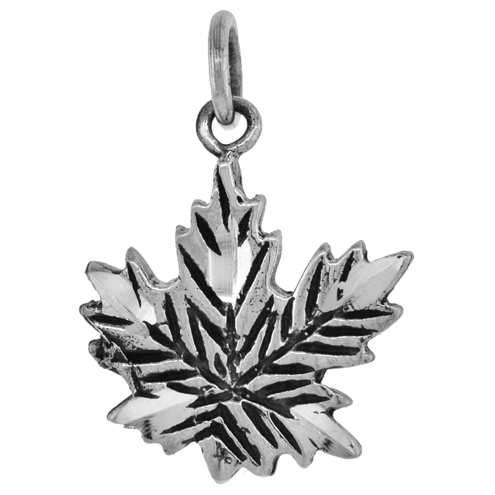 Small 3/4 inch Sterling Silver Maple Leaf Pendant for Women Diamond-Cut Oxidized finish NO Chain