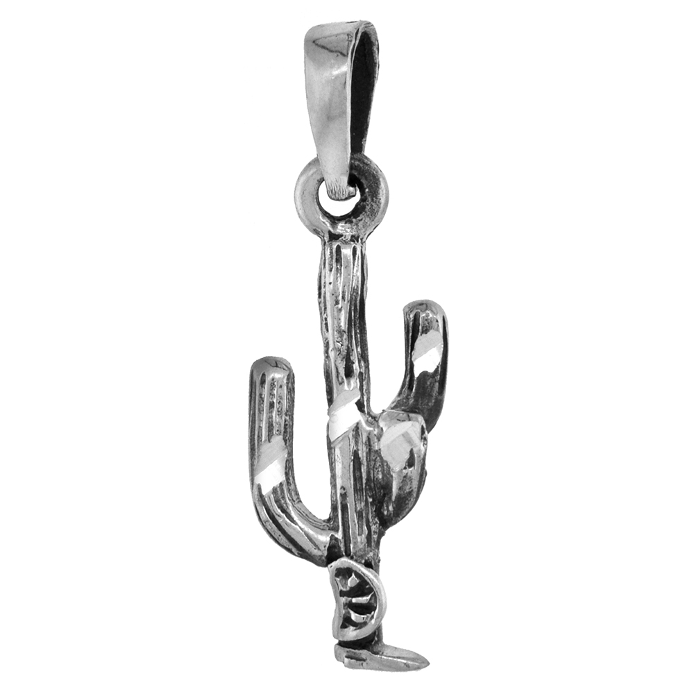 7/8 inch Sterling Silver Arizona Saguaro Cactus Necklace Diamond-Cut Oxidized finish available with or without chain
