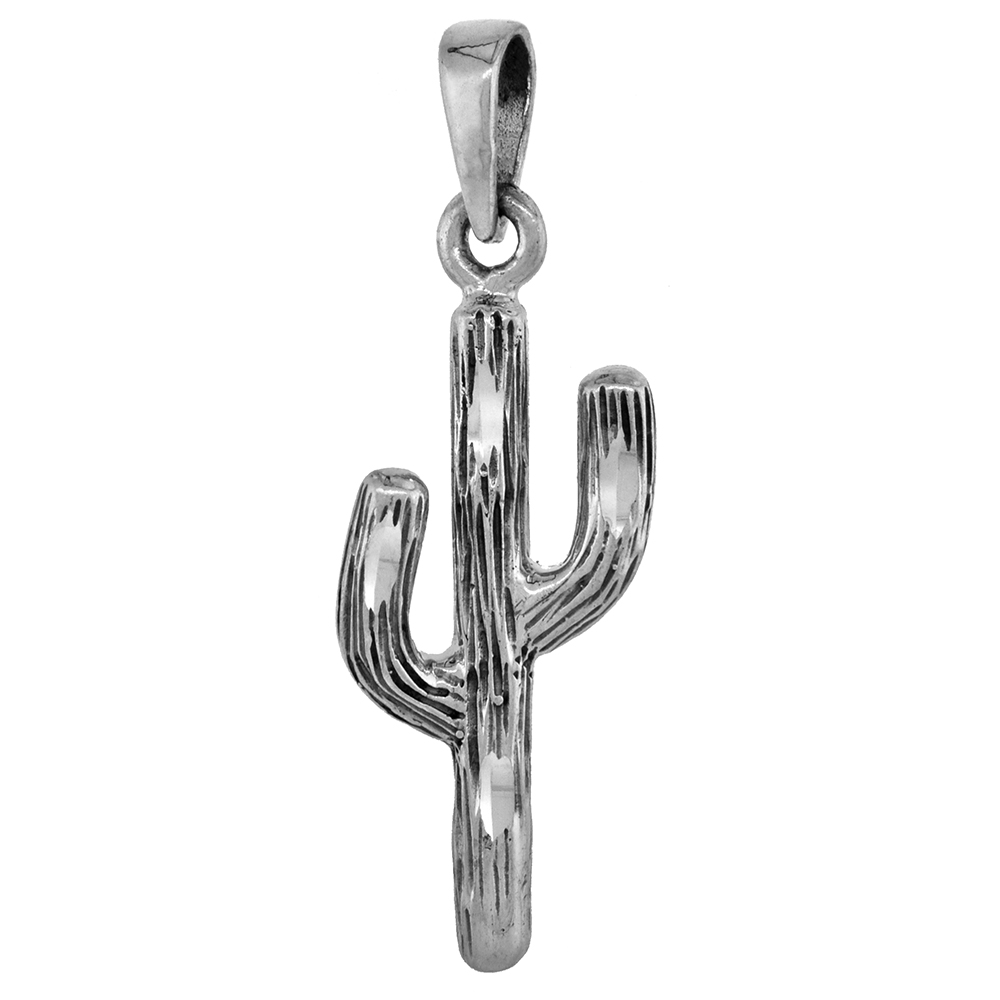 1 1/8 inch Sterling Silver Arizona Saguaro Cactus Necklace Diamond-Cut Oxidized finish available with or without chain