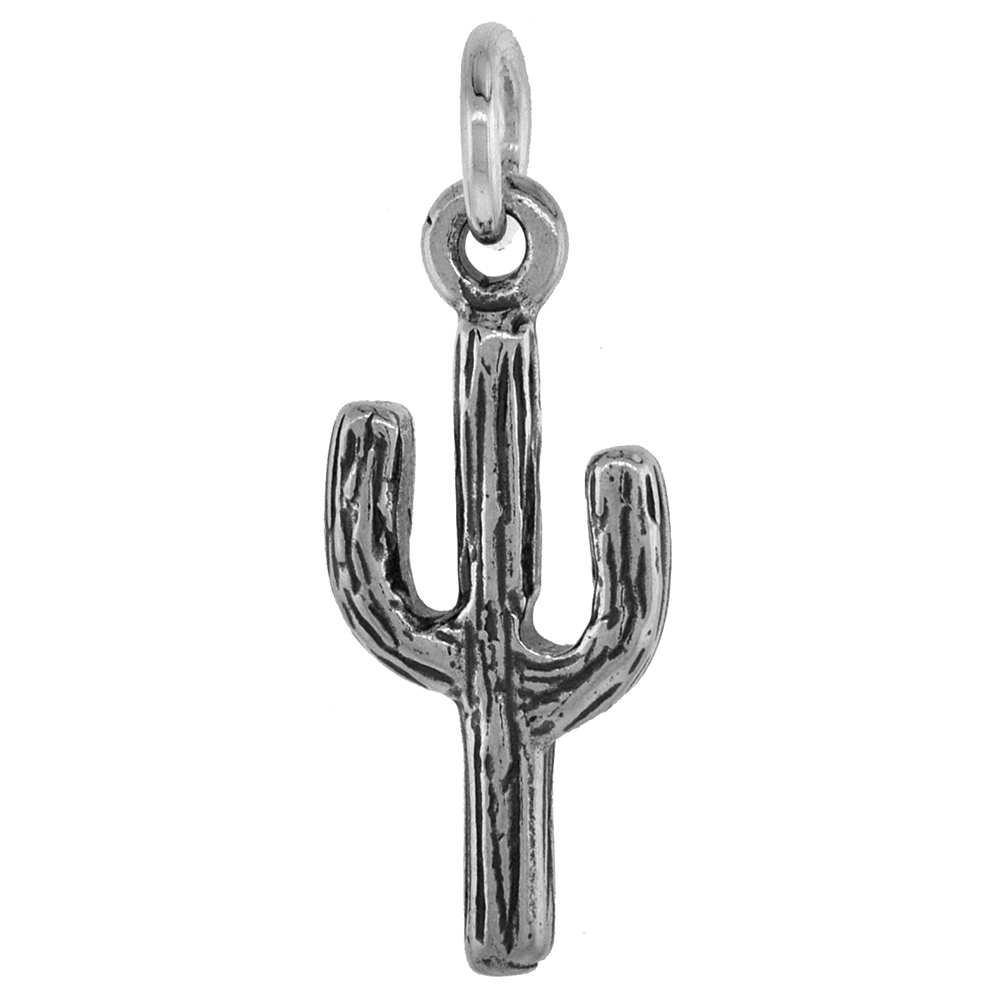 7/8 inch Sterling Silver Arizona Saguaro Cactus Necklace Diamond-Cut Oxidized finish available with or without chain