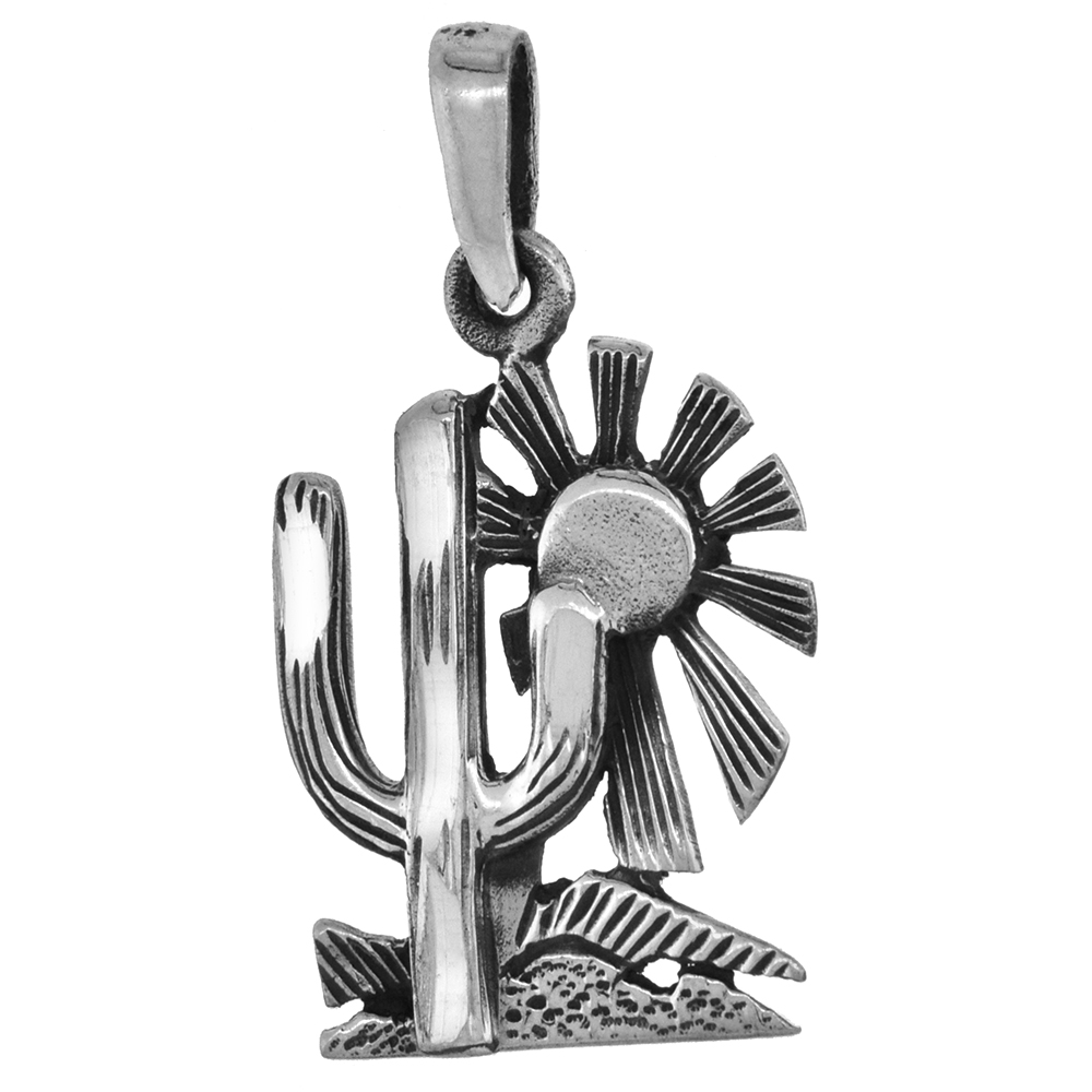 1 inch Sterling Silver Arizona Desert Sun with Cactus Necklace Diamond-Cut Oxidized finish available with or without chain