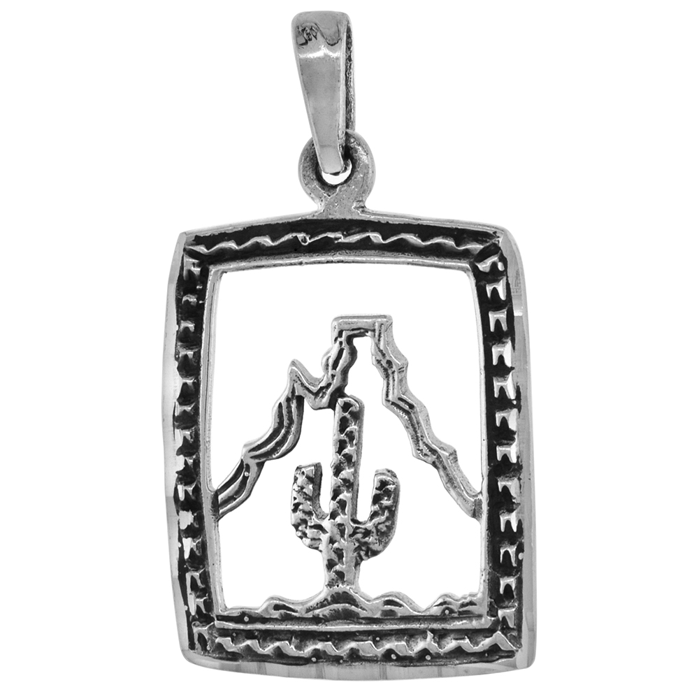 1 inch Sterling Silver Arizona Desert Scenery Necklace Diamond-Cut Oxidized finish available with or without chain