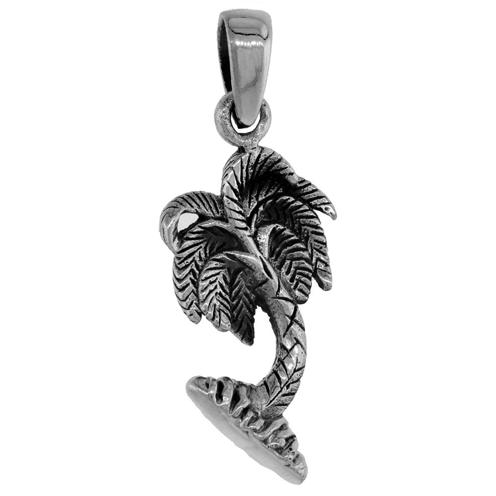 1 inch Sterling Silver Palm Tree Necklace Diamond-Cut Oxidized finish available with or without chain