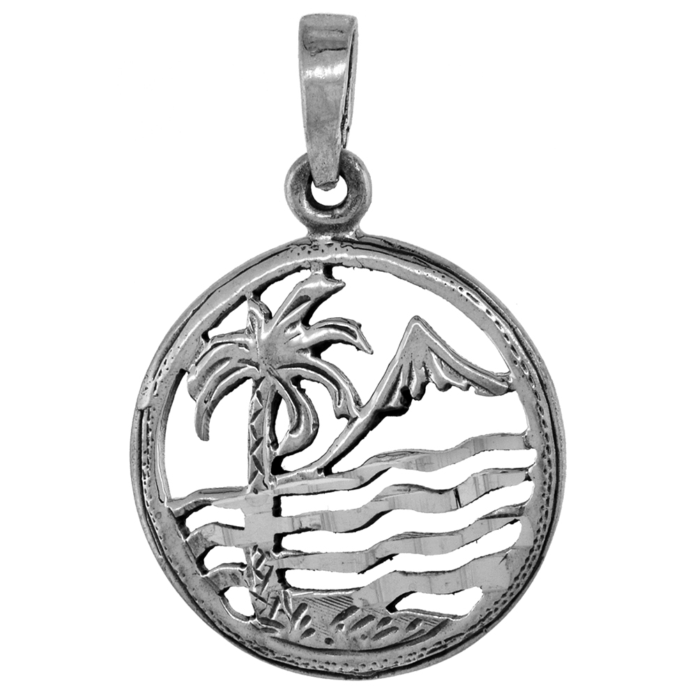 7/8 inch Sterling Silver Tropical Island Palm Tree Necklace Diamond-Cut Oxidized finish available with or without chain