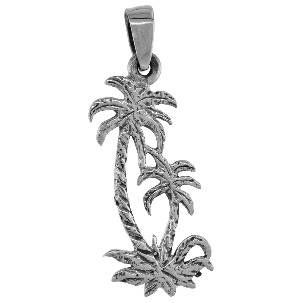 1 1/8 inch Sterling Silver Palm Tree Necklace Diamond-Cut Oxidized finish available with or without chain