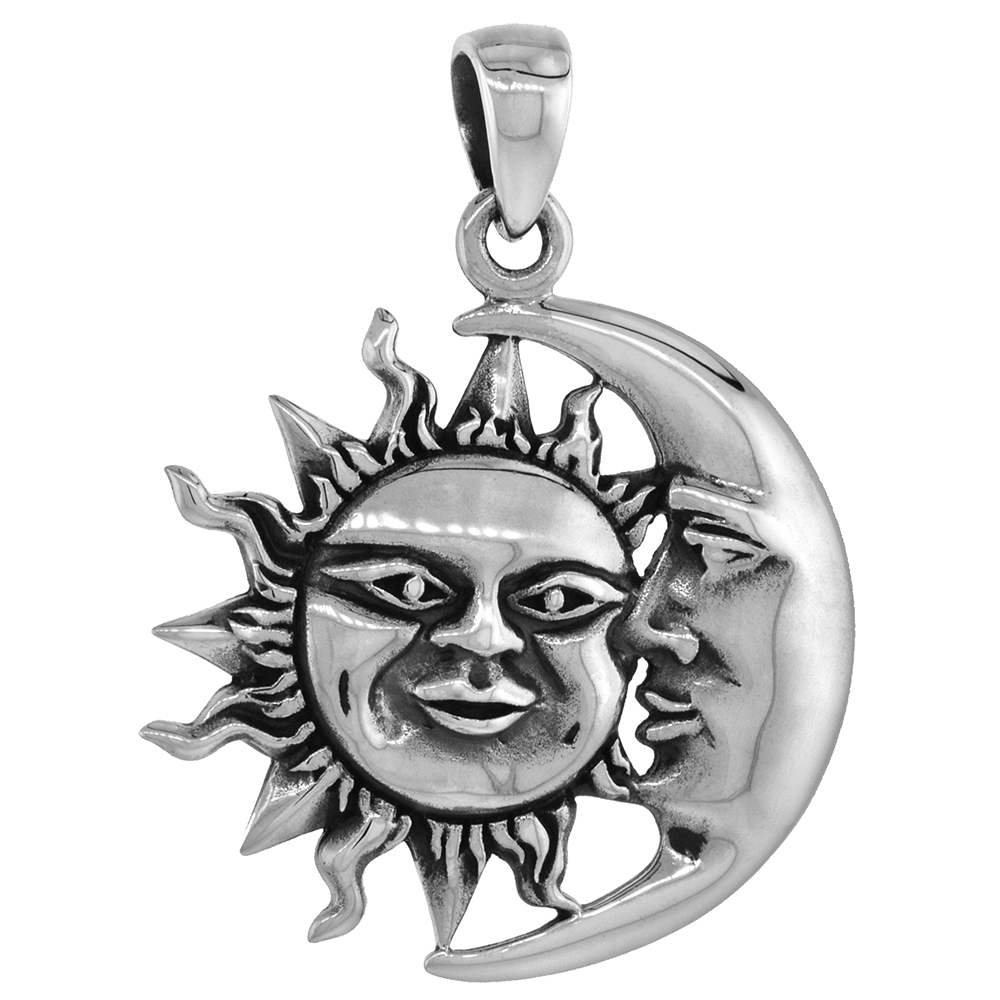 1 1/8 inch Sterling Silver Sun and Moon Necklace Diamond-Cut Oxidized finish available with or without chain