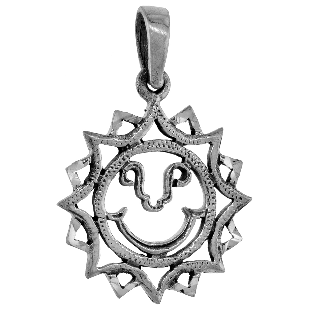 1 INCH STERLING SILVER HINDU SUN SYMBOL SURYA PENDANT CUT-OUT DIAMOND-CUT OXIDIZED FINISH NO CHAIN (NO CHAIN)