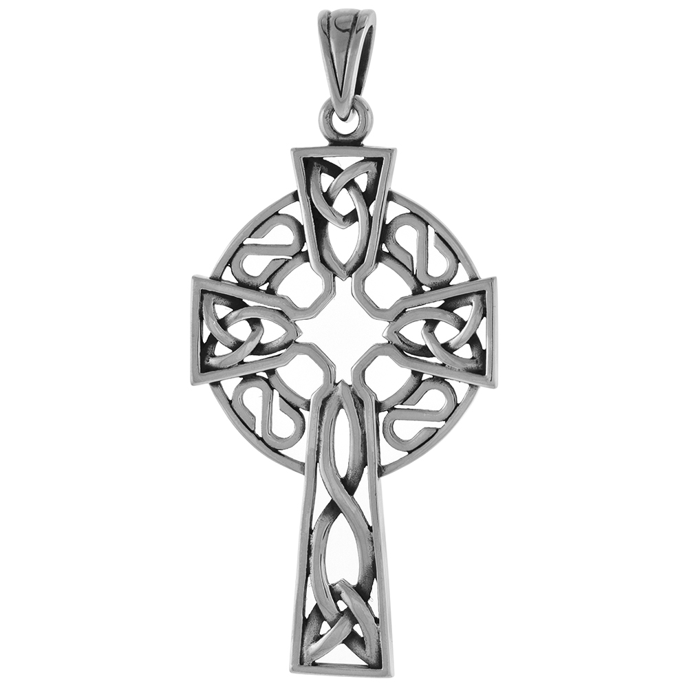 LARGE 2 INCH STERLING SILVER CELTIC CROSS PENDANT TRIQUETRA HIGH CROSS FOR MEN DIAMOND-CUT OXIDIZED FINISH NO CHAIN