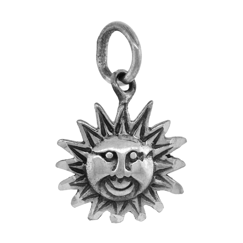 Tiny 5/8 inch Sterling Silver Sun Necklace for Women Diamond-Cut Oxidized finish available with or without chain