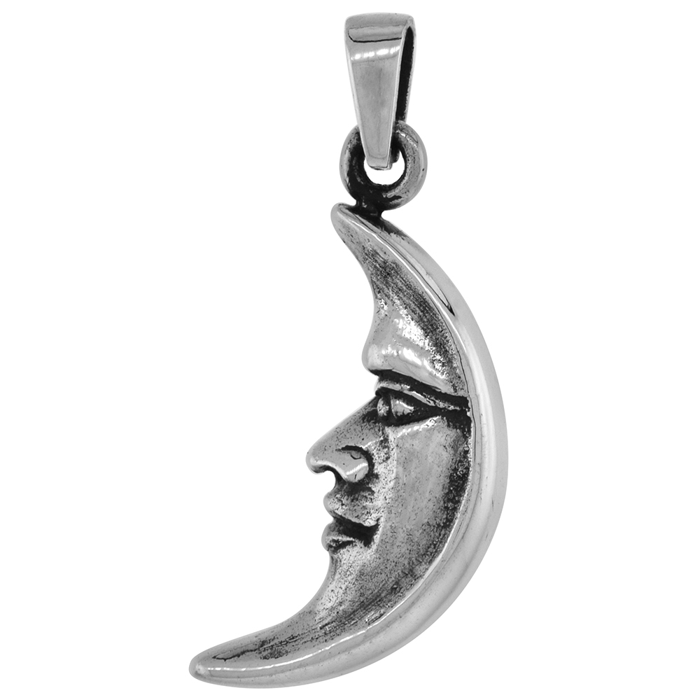 1 1/8 inch Sterling Silver Man in the Moon Necklace Diamond-Cut Oxidized finish available with or without chain