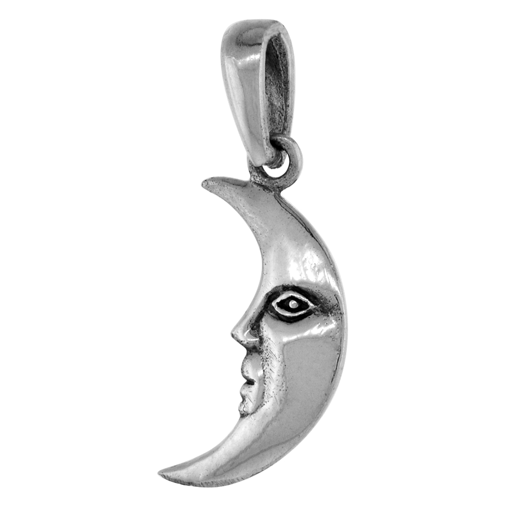 SMALL 3/4 INCH STERLING SILVER MAN IN THE MOON PENDANT FOR WOMEN DIAMOND-CUT OXIDIZED FINISH NO CHAIN (NO CHAIN)