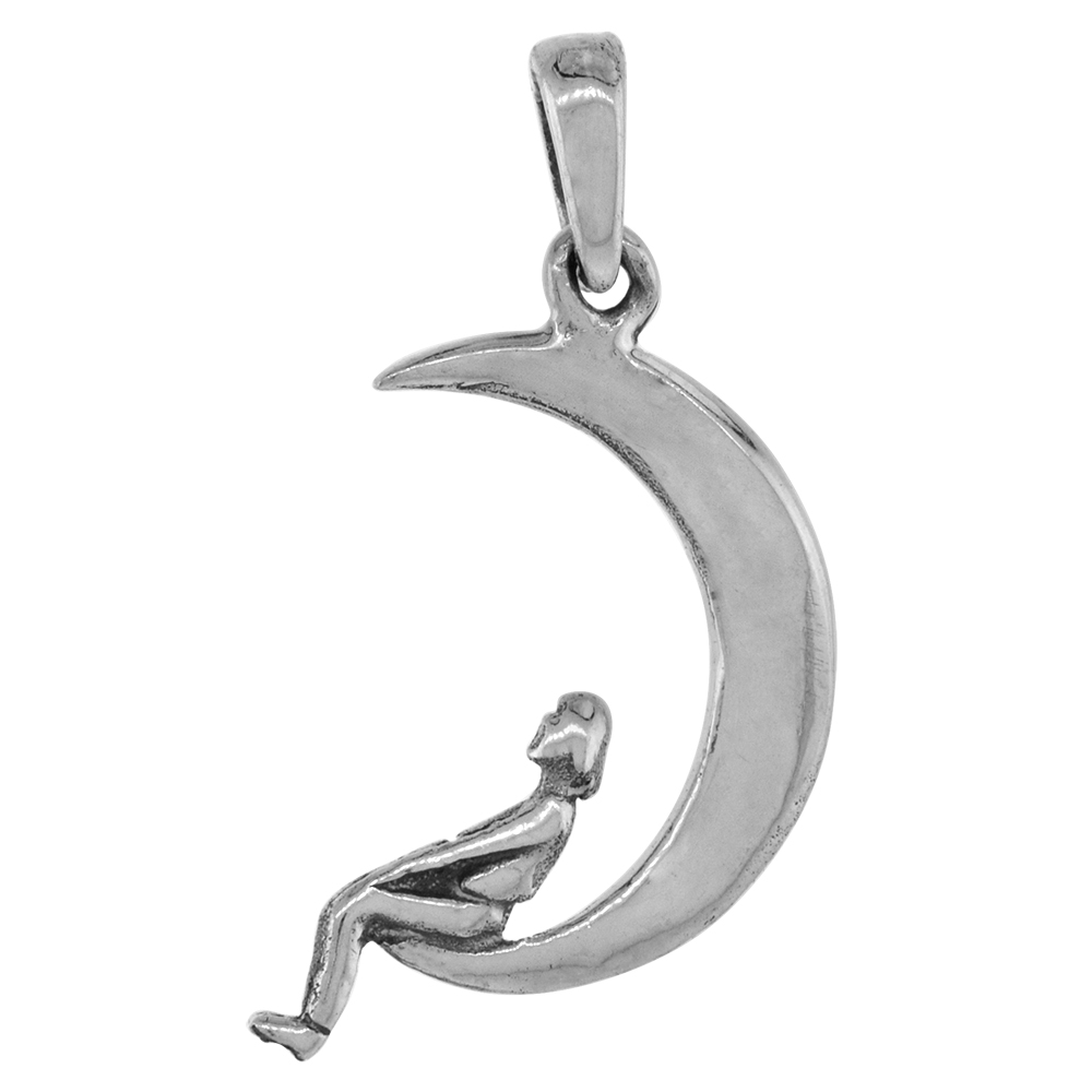 1 1/8 inch Sterling Silver Woman Sitting on Crescent Moon for Women Diamond-Cut Oxidized finish available with or without chain