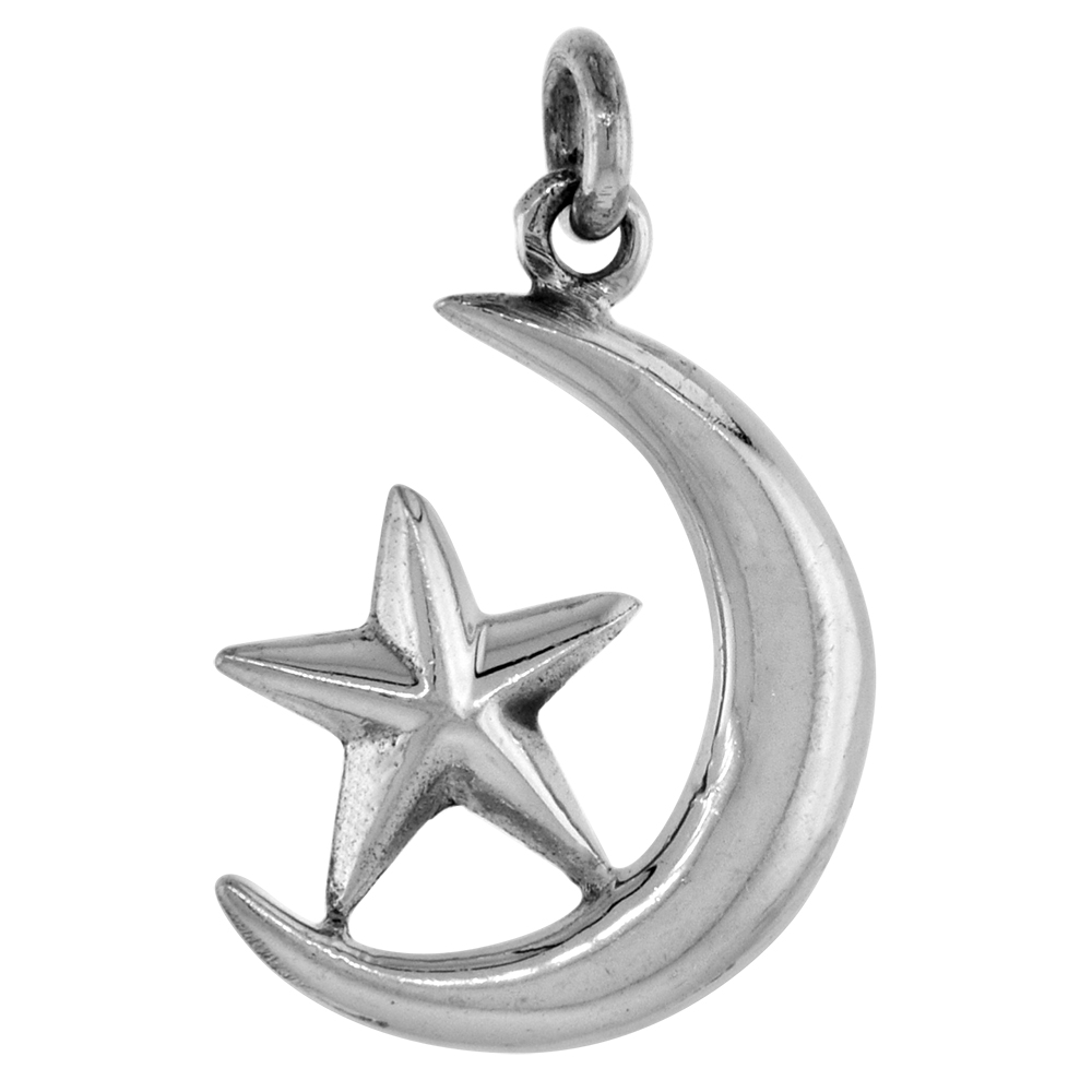 SMALL 3/4 INCH STERLING SILVER MOON AND STAR PENDANT FOR WOMEN DIAMOND-CUT OXIDIZED FINISH NO CHAIN (NO CHAIN)