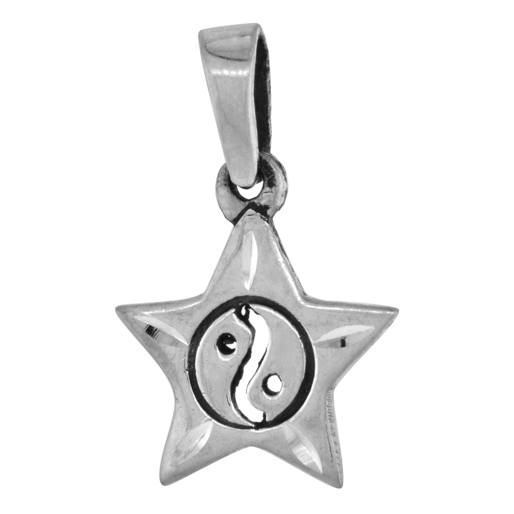 Tiny 5/8 inch Sterling Silver Star with Yin Yang Necklace for Women Diamond-Cut Oxidized finish available with or without chain