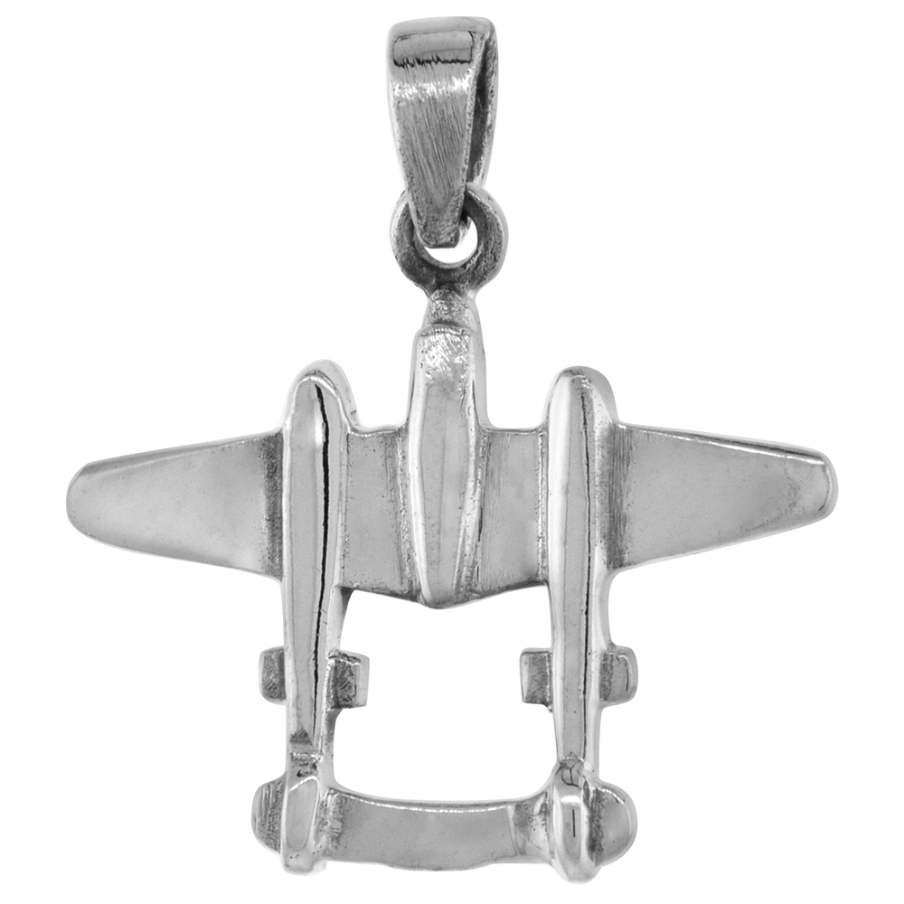 1 1/16 inch Sterling Silver P-38 Lightning Airplane Necklace Diamond-Cut Oxidized finish available with or without chain