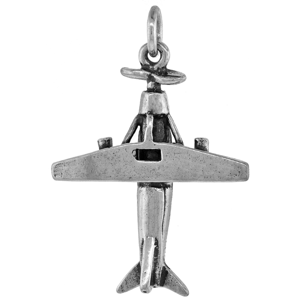 1 3/8 INCH STERLING SILVER FOKKER F.VII AIRPLANE PENDANT DIAMOND-CUT OXIDIZED FINISH NO CHAIN (NO CHAIN)