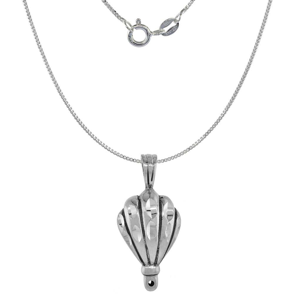 1 1/16 inch Sterling Silver Clamshell Hot Air Balloon Necklace Diamond-Cut Oxidized finish available with or without chain