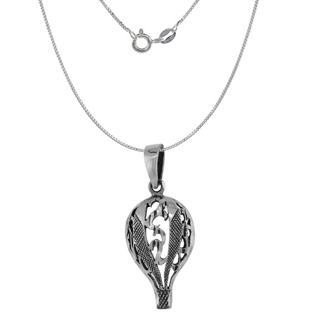 1 1/4 inch Sterling Silver Hot Air Balloon Necklace Diamond-Cut Oxidized finish available with or without chain