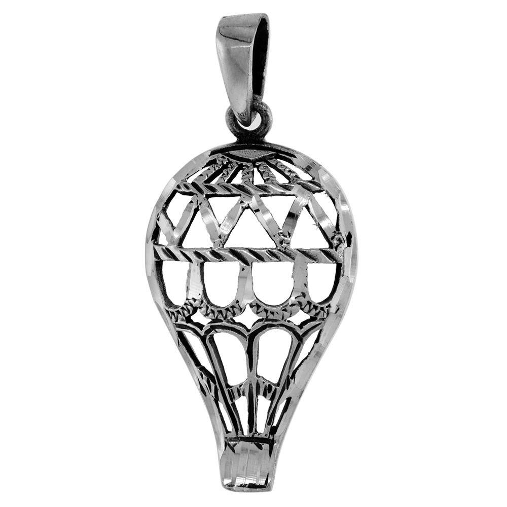1 1/2 INCH STERLING SILVER HOT AIR BALLOON PENDANT CUT-OUT PATTERN DIAMOND-CUT OXIDIZED FINISH NO CHAIN (NO CHAIN)