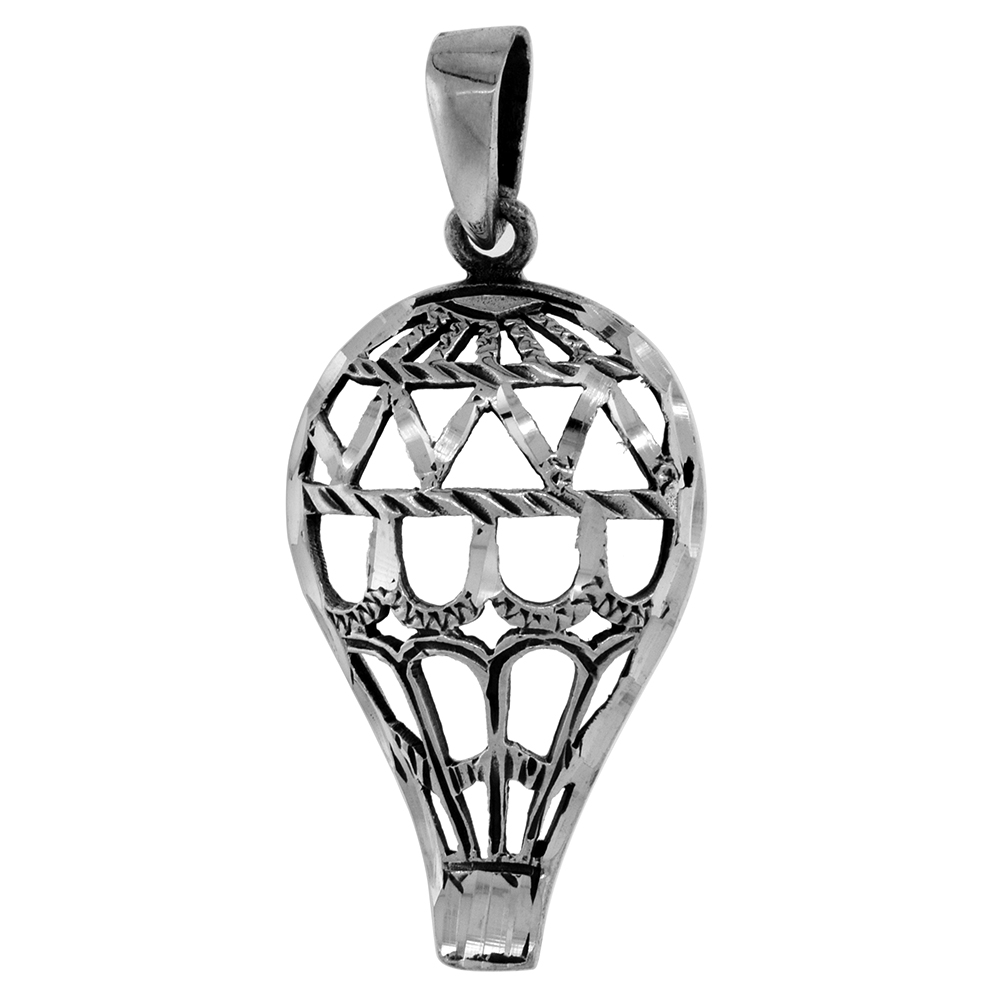 1 1/2 inch Sterling Silver Hot Air Balloon Necklace cut-out pattern Diamond-Cut Oxidized finish available with or without chain