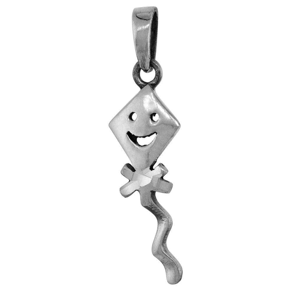 1 1/2 INCH STERLING SILVER HAPPY FACE KITE PENDANT DIAMOND-CUT OXIDIZED FINISH NO CHAIN (NO CHAIN)
