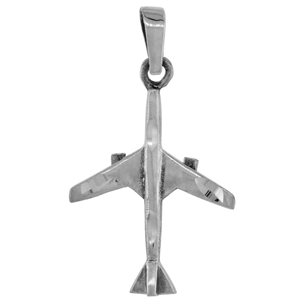 1 3/8 inch Sterling Silver 2 Engine Jet Airplane Necklace Diamond-Cut Oxidized finish available with or without chain