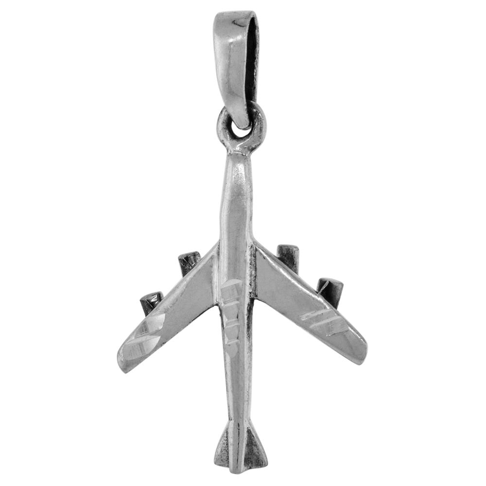 1 1/4 inch Sterling Silver 4 Engine Jet Airplane Necklace Diamond-Cut Oxidized finish available with or without chain