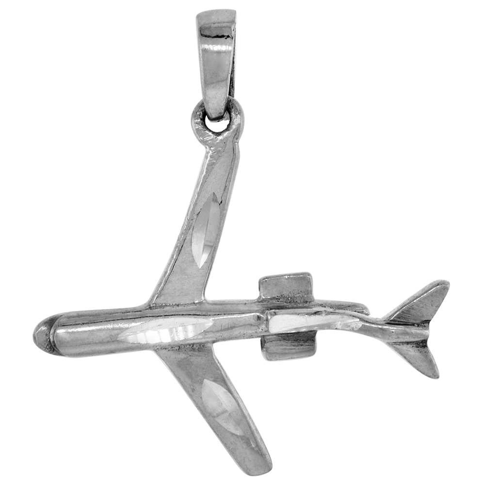 1 1/16 inch Sterling Silver DC-10 Jet Airplane Necklace Diamond-Cut Oxidized finish available with or without chain