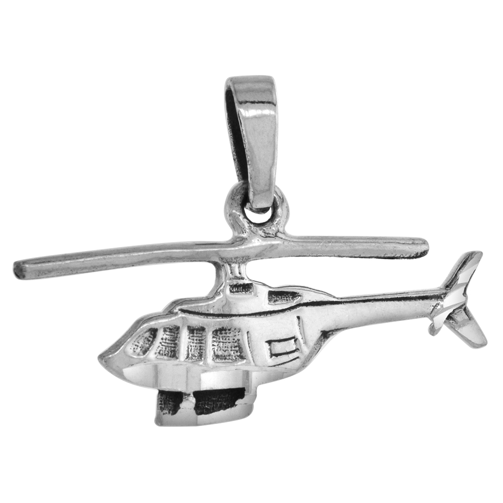 1 1/4 INCH STERLING SILVER HELICOPTER PENDANT DIAMOND-CUT OXIDIZED FINISH NO CHAIN (NO CHAIN)