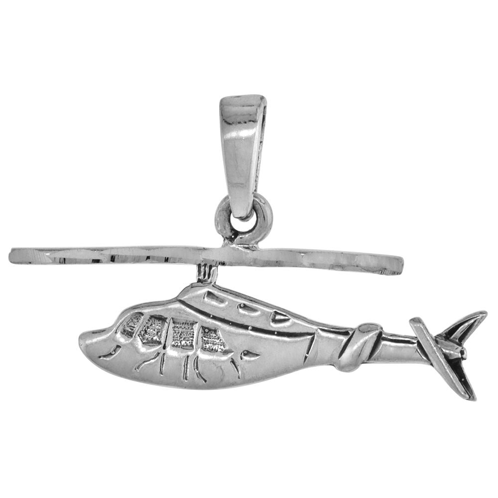 1 1/2 inch Sterling Silver Helicopter Necklace Diamond-Cut Oxidized finish available with or without chain
