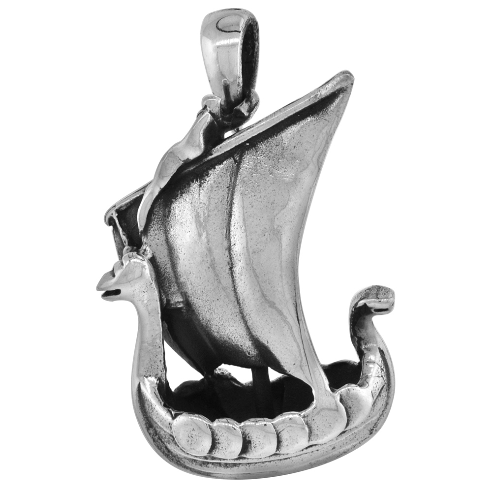 1 1/4 inch Sterling Silver Viking Ship Necklace Diamond-Cut Oxidized finish available with or without chain