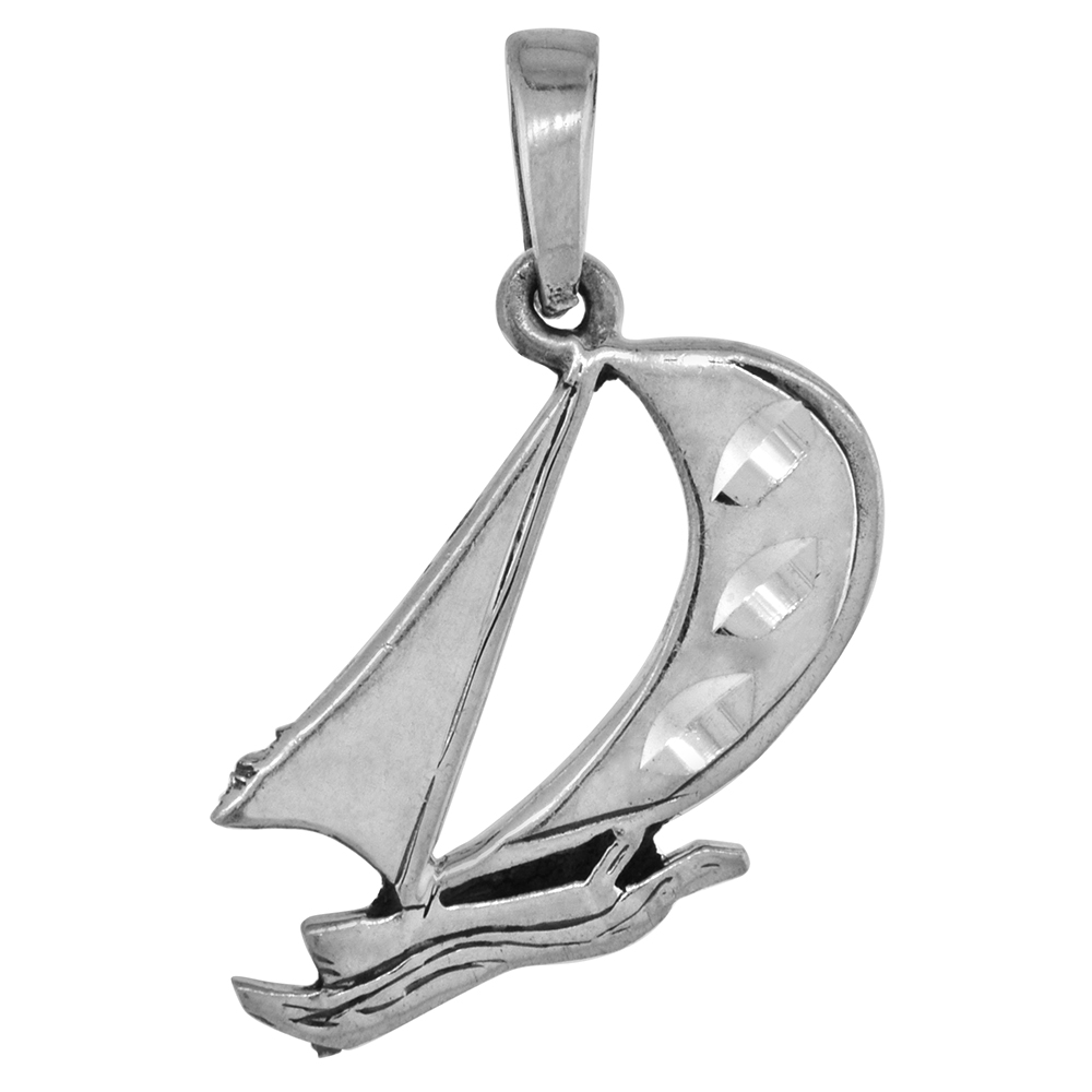 1 inch Sterling Silver Racing Yacht Sailboat Necklace Diamond-Cut Oxidized finish available with or without chain
