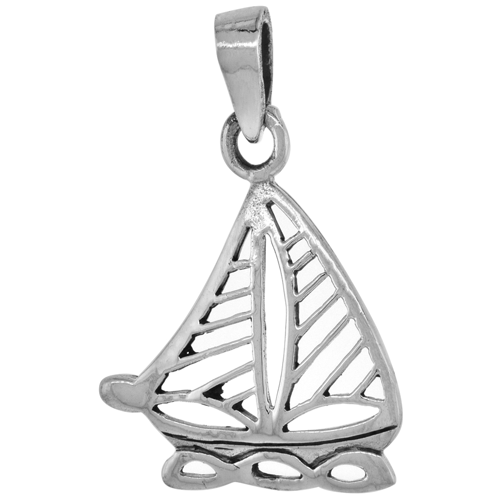 1 1/8 inch Sterling Silver Filigree Sailboat Necklace Diamond-Cut Oxidized finish available with or without chain