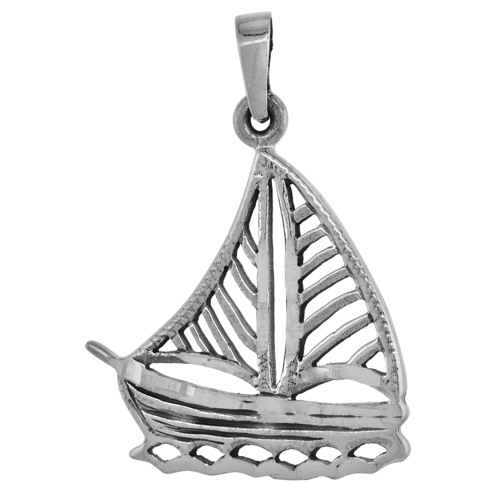 1 1/4 inch Sterling Silver Filigree Sailboat Necklace Diamond-Cut Oxidized finish available with or without chain