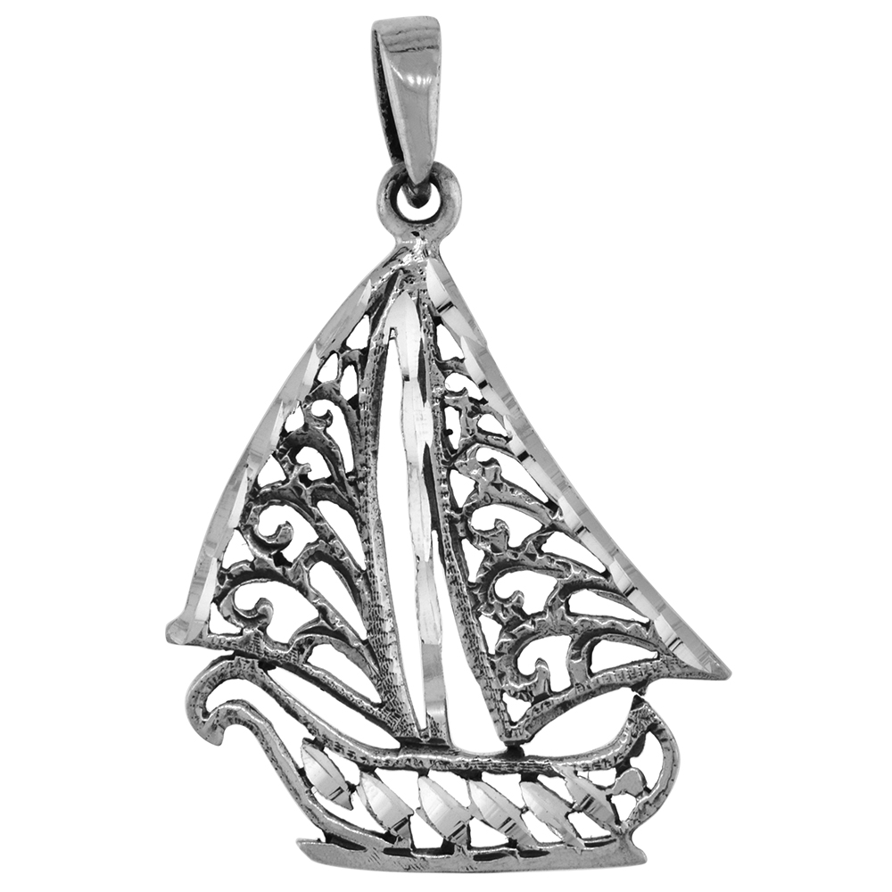 1 1/2 inch Sterling Silver Sailboat Necklace Diamond-Cut Oxidized finish available with or without chain