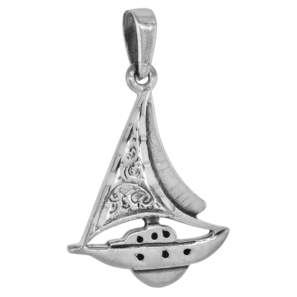1 1/2 inch Sterling Silver sail yacht Necklace Diamond-Cut Oxidized finish available with or without chain