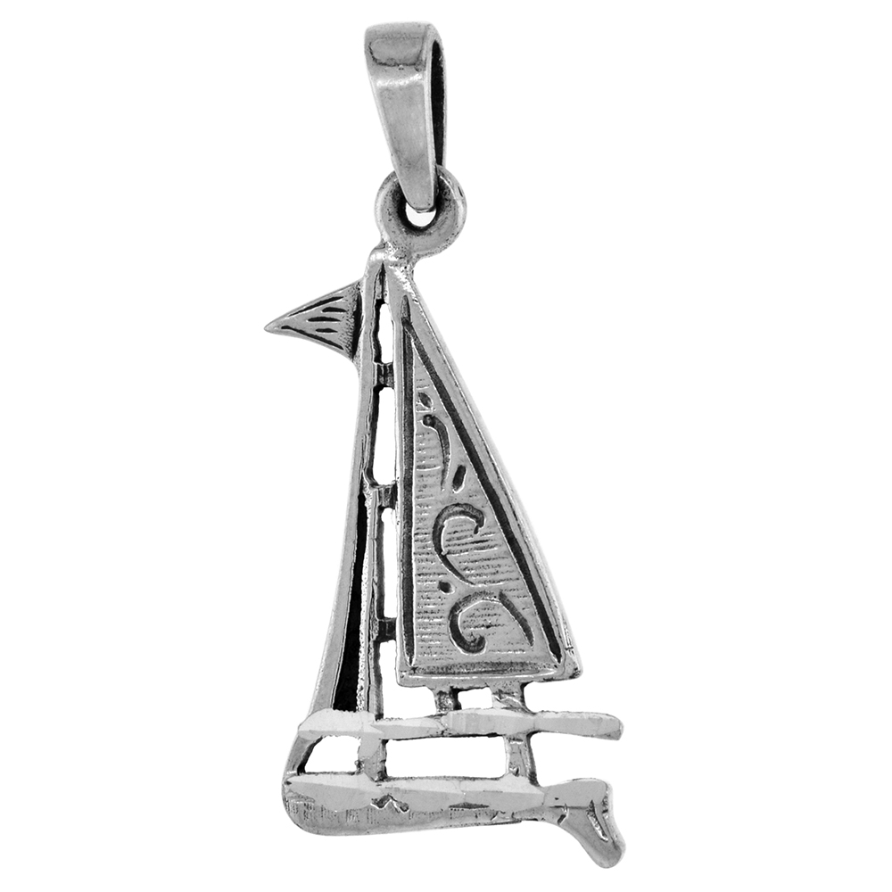 1 1/2 INCH STERLING SILVER SAILBOAT PENDANT DIAMOND-CUT OXIDIZED FINISH NO CHAIN (NO CHAIN)