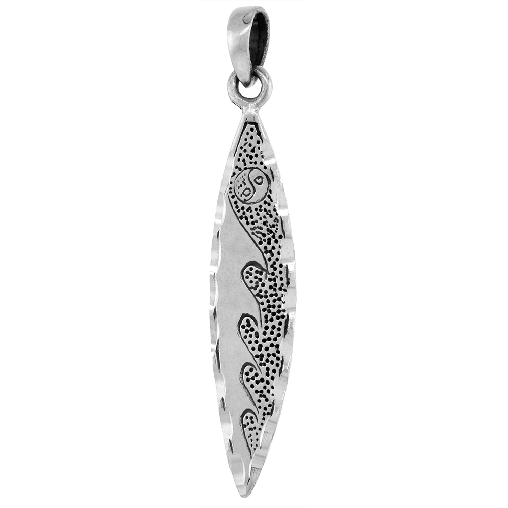 LARGE 2 INCH STERLING SILVER SURFBOARD PENDANT WAVE PATTERN DIAMOND-CUT OXIDIZED FINISH NO CHAIN