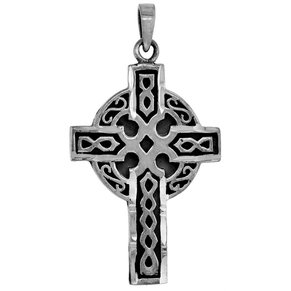 LARGE 1 3/4 INCH STERLING SILVER CELTIC CROSS PENDANT HIGH CROSS FOR MEN DIAMOND-CUT OXIDIZED FINISH NO CHAIN (NO CHAIN)