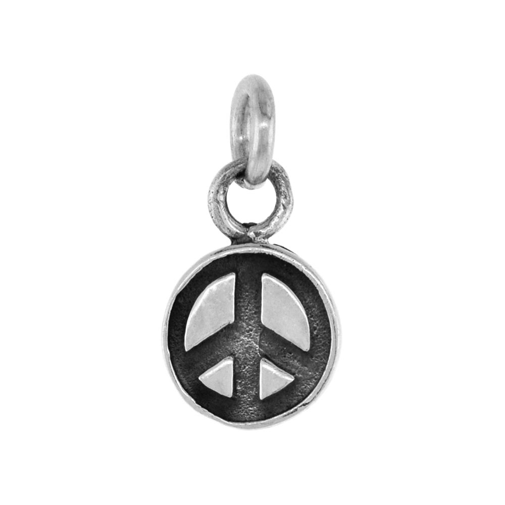 TINY 5/8 INCH STERLING SILVER PEACE SIGN PENDANT FOR WOMEN DIAMOND-CUT OXIDIZED FINISH NO CHAIN