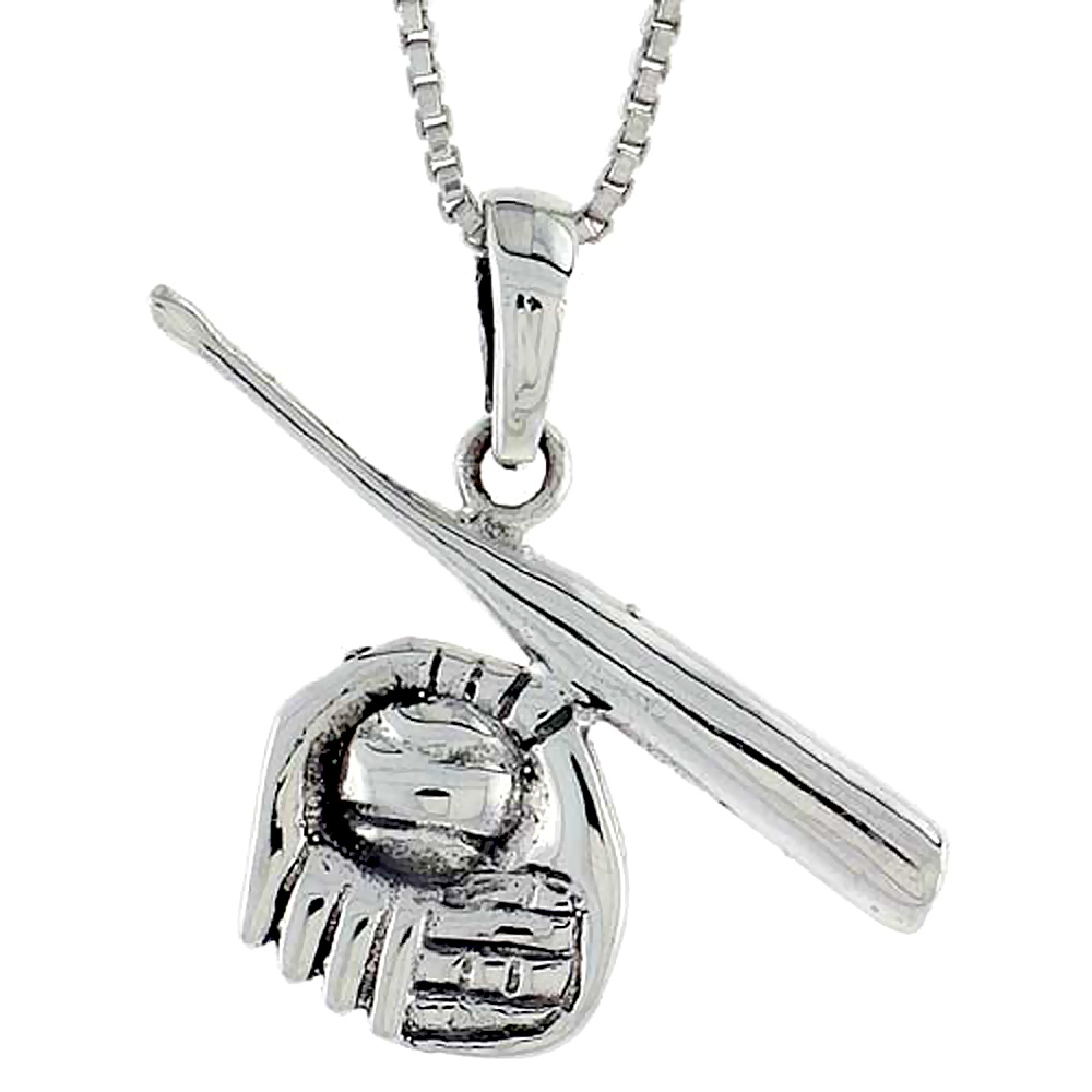 STERLING SILVER BASEBALL GLOVE AND BAT PENDANT 1 1/8 INCH
