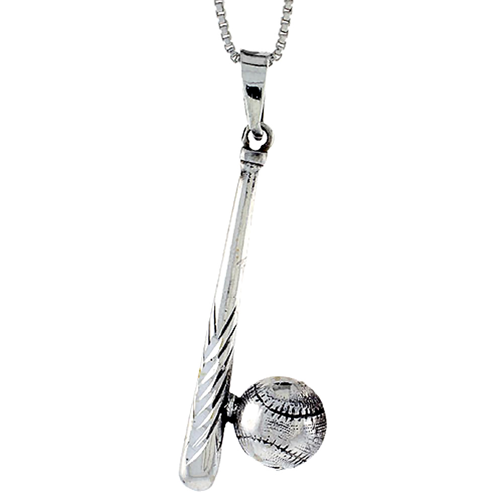 STERLING SILVER BASEBALL AND BAT PENDANT 1 3/4 INCH