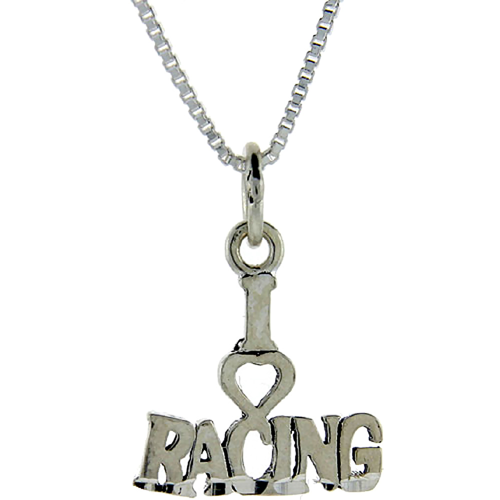 STERLING SILVER I LOVE RACING 1 INCH WIDE WORD PENDANT TALKING CHARM FOR WOMEN AND MEN
